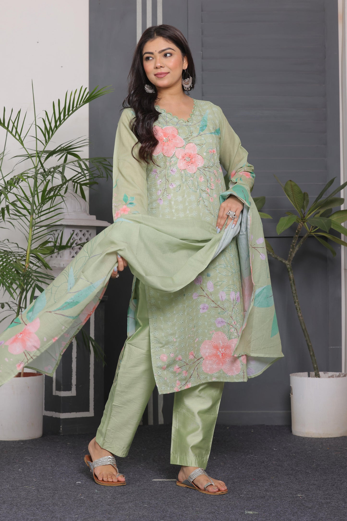 Schiffli Cotton Kurti with Sequins & Chanderi Silk Pant