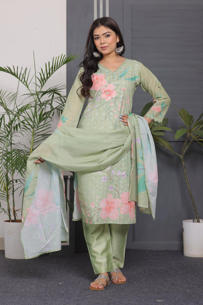 Schiffli Cotton Kurti with Sequins & Chanderi Silk Pant