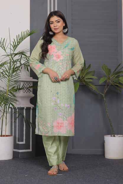 Schiffli Cotton Kurti with Sequins & Chanderi Silk Pant