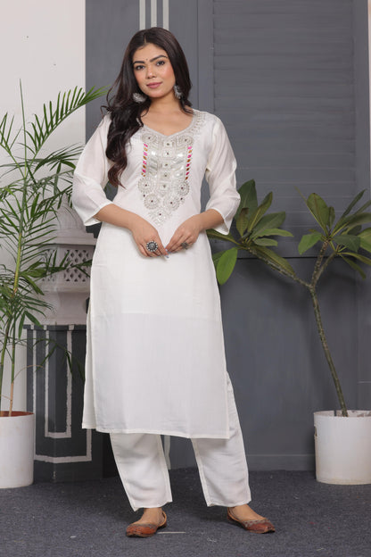 Chanderi Silk Kurti Set with Hand Embroidery & Jacquard Dupatta