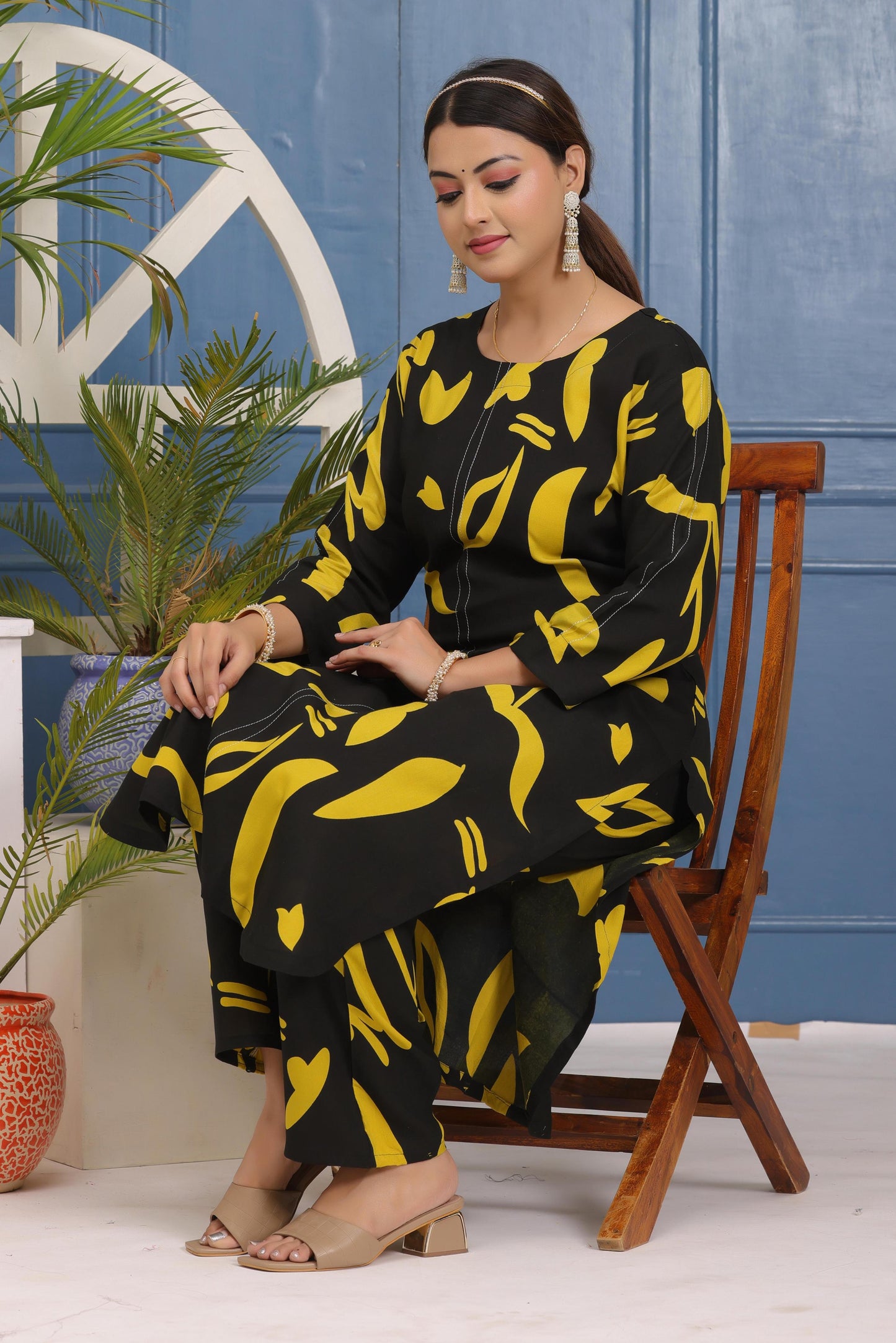 Elegant Digital Printed Rayon Coord Set with Katha Work Kurti