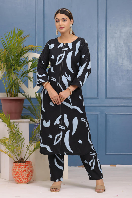 Elegant Digital Printed Rayon Coord Set with Katha Work Kurti