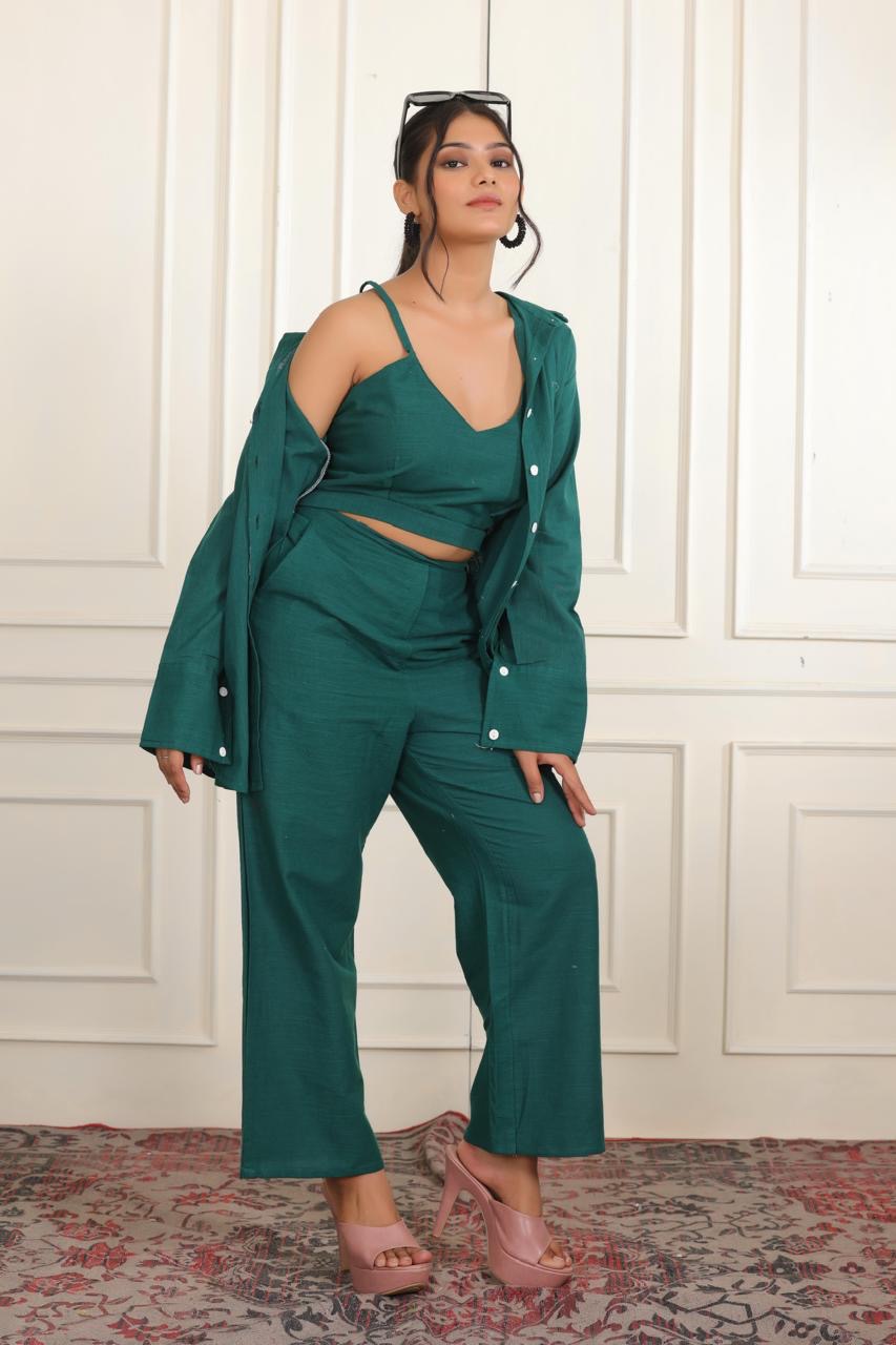 Women Solid Top with Trousers Co-ords Set