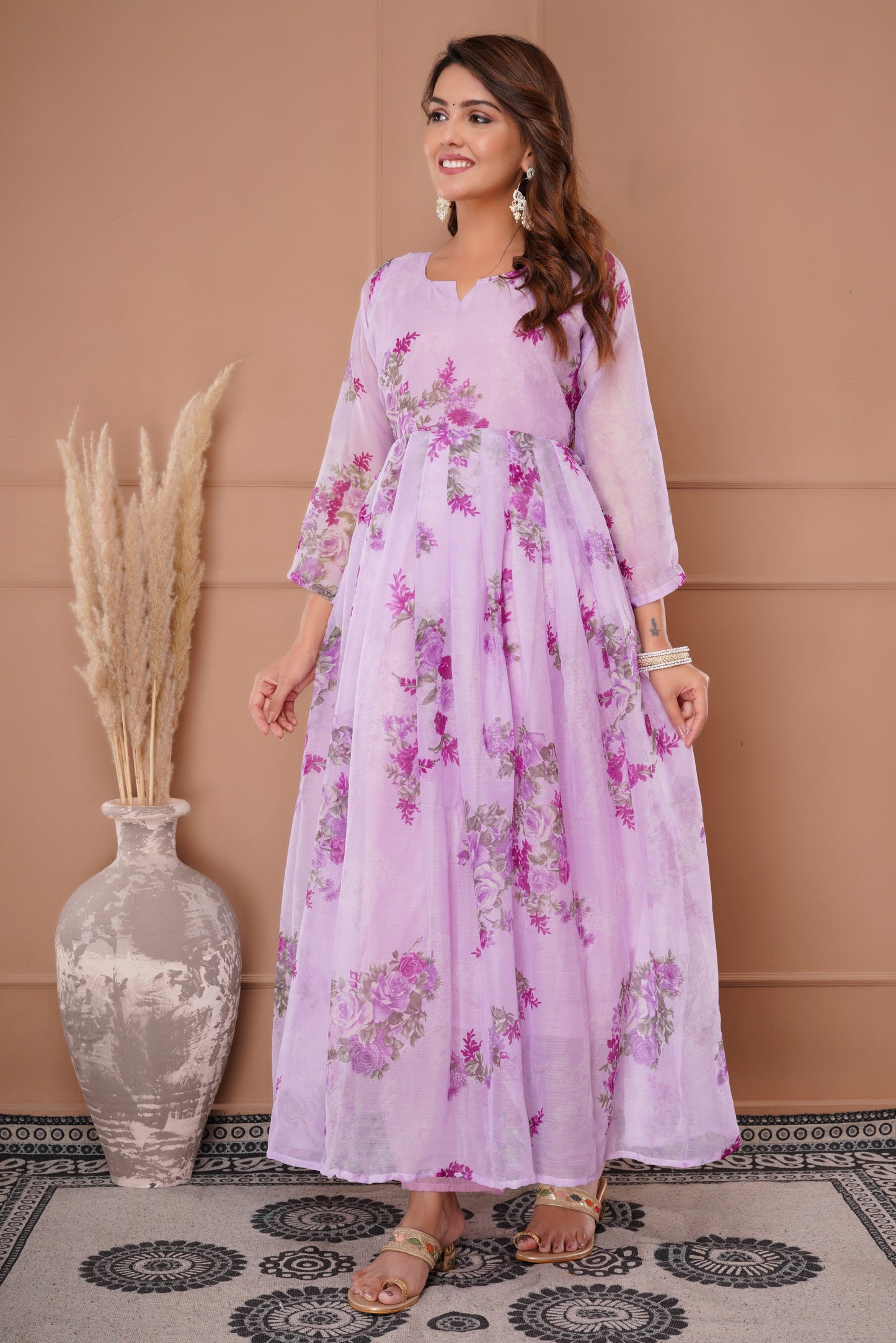 New Floral Printed Chiffon Fabric Traditional Wear Dress.