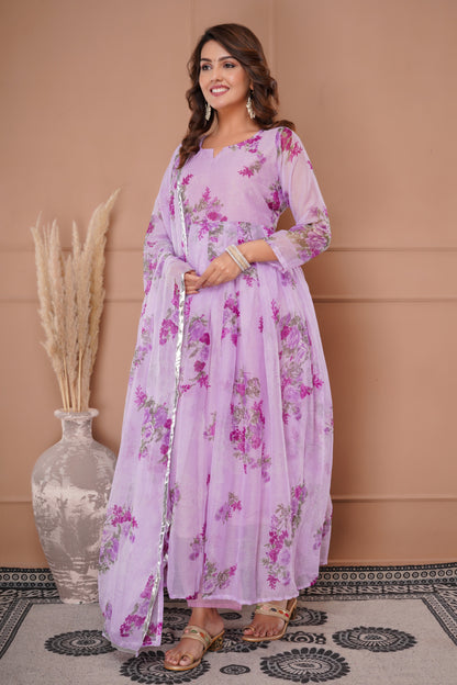 New Floral Printed Chiffon Fabric Traditional Wear Dress.