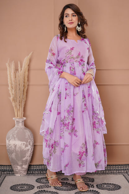 New Floral Printed Chiffon Fabric Traditional Wear Dress.