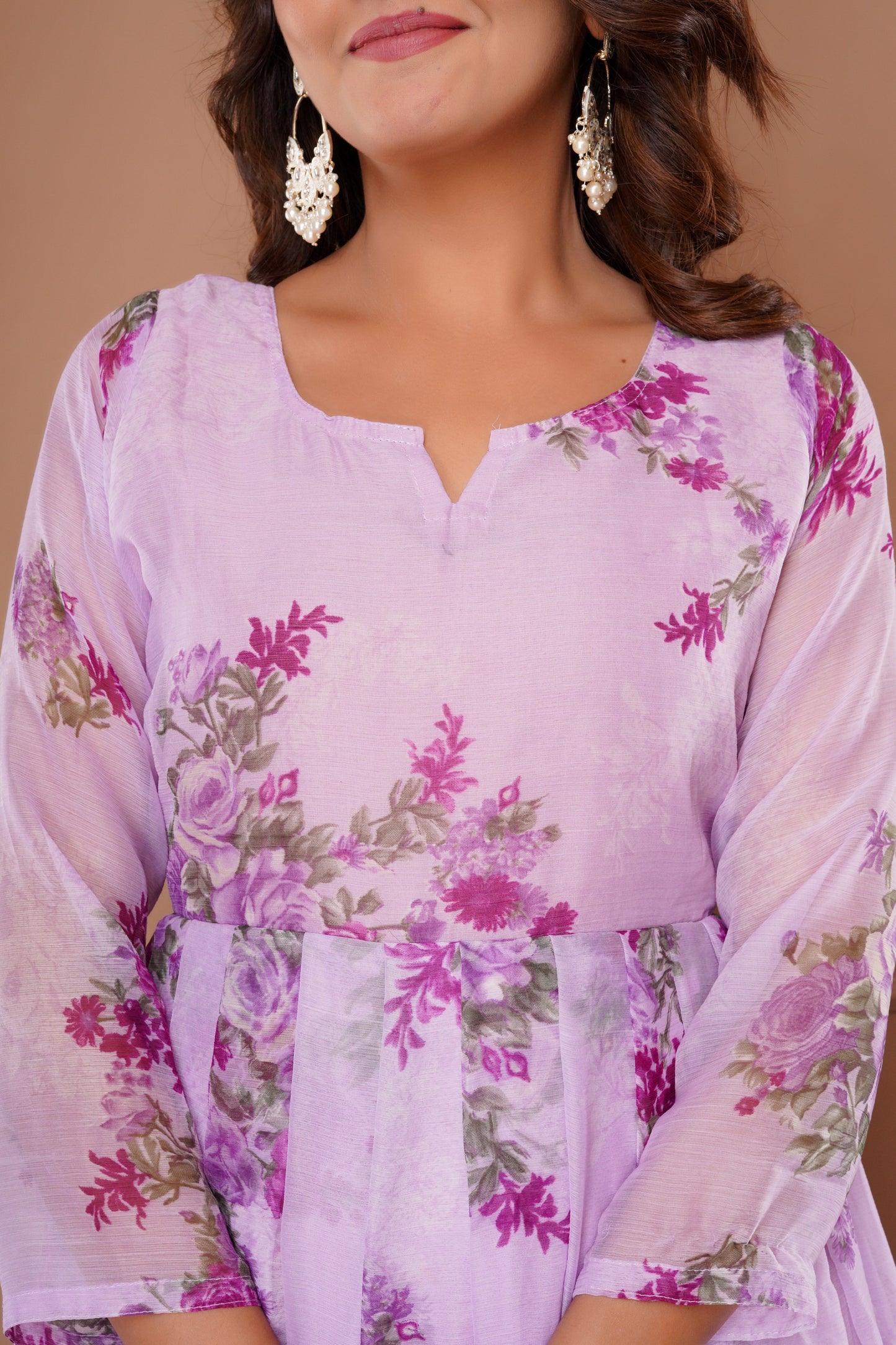 New Floral Printed Chiffon Fabric Traditional Wear Dress.