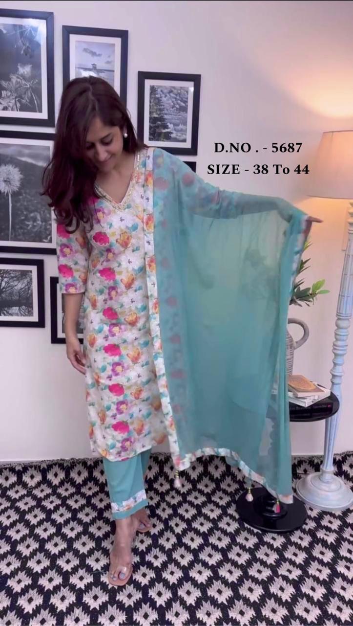 Elegant Chicken Linen Schiffli Kurti Set with Muslin Silk Dupatta