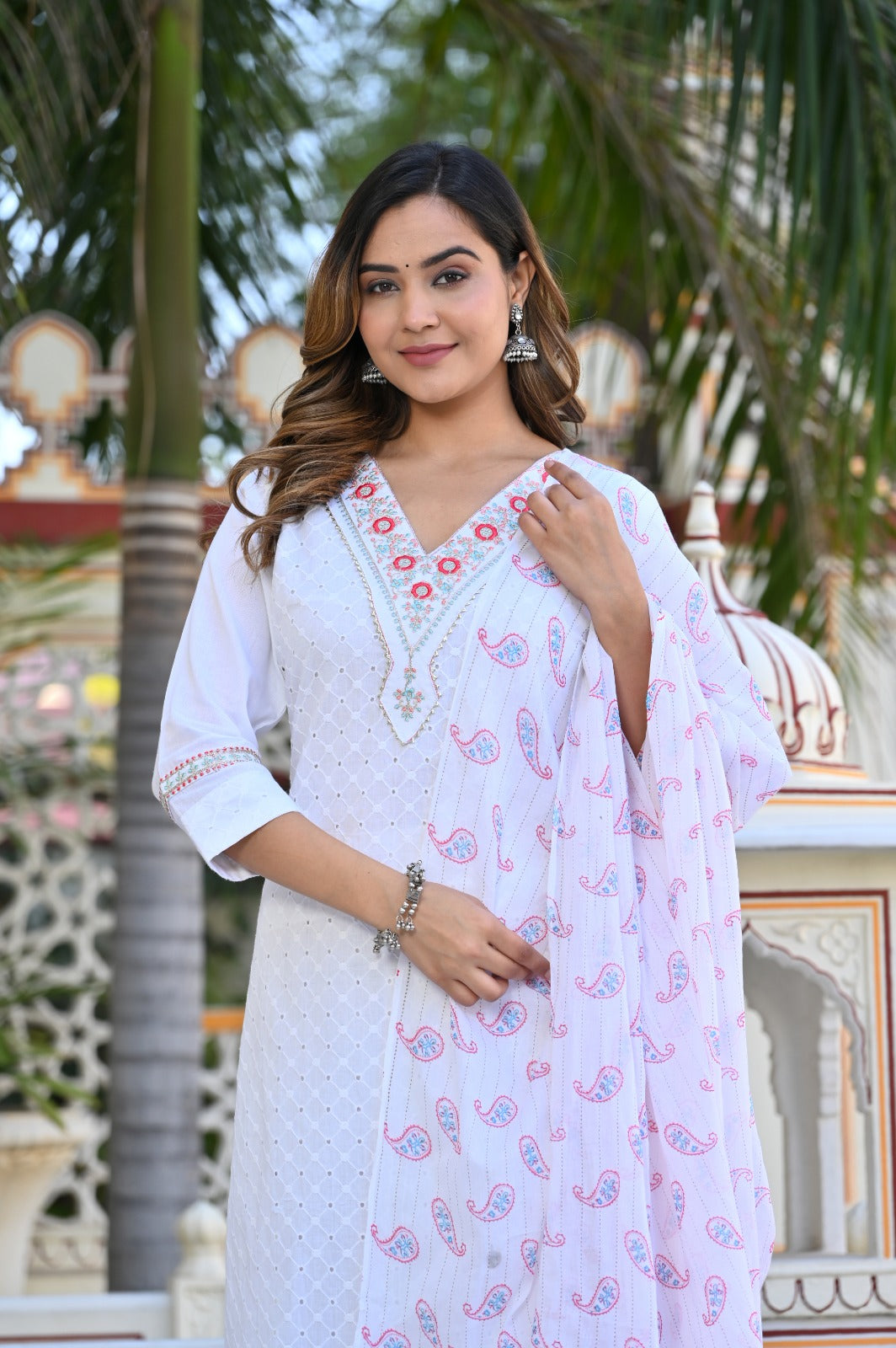 Elegant Schiffli Rayon Kurti Set with Malmal Dupatta