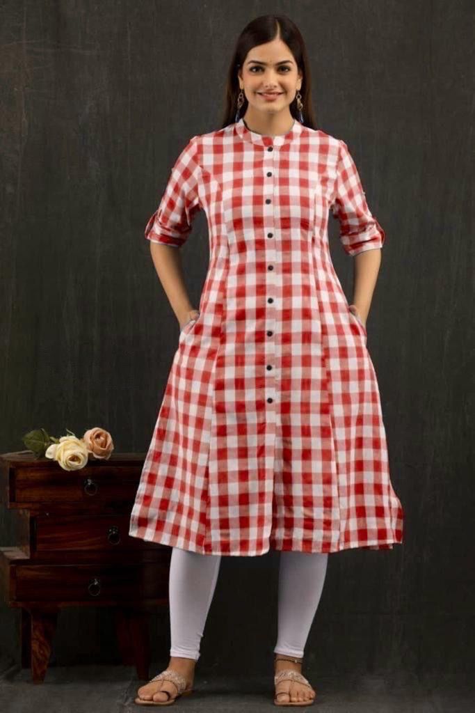 Pure South Cotton Fabric Checks Printed A - Line Kurta.