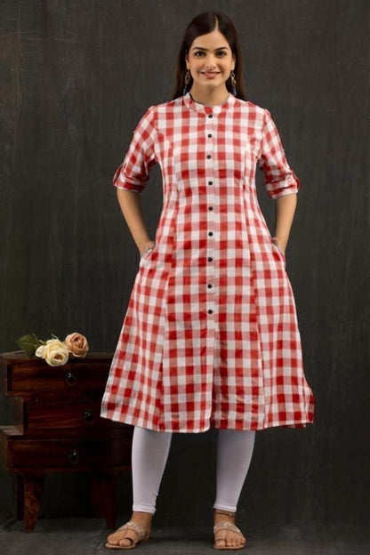 Pure South Cotton Fabric Checks Printed A - Line Kurta.