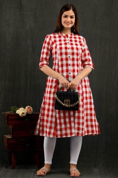 Pure South Cotton Fabric Checks Printed A - Line Kurta.