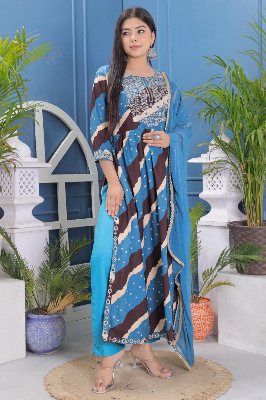 Pure Rayon Fabric Alia Cut Pattern Kurta And Pant Set.