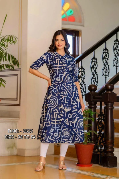 Heavy Rayon Printed A-Line Flared Long Kurti with Wooden Buttons