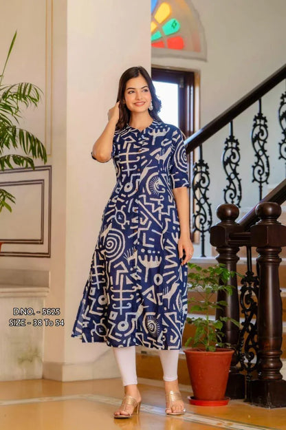 Heavy Rayon Printed A-Line Flared Long Kurti with Wooden Buttons