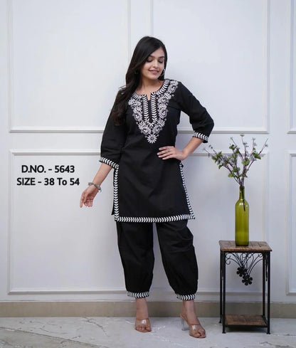 Pure Cotton Cambric Kurti with Hand Aari Embroidery and Afghani Style Pants