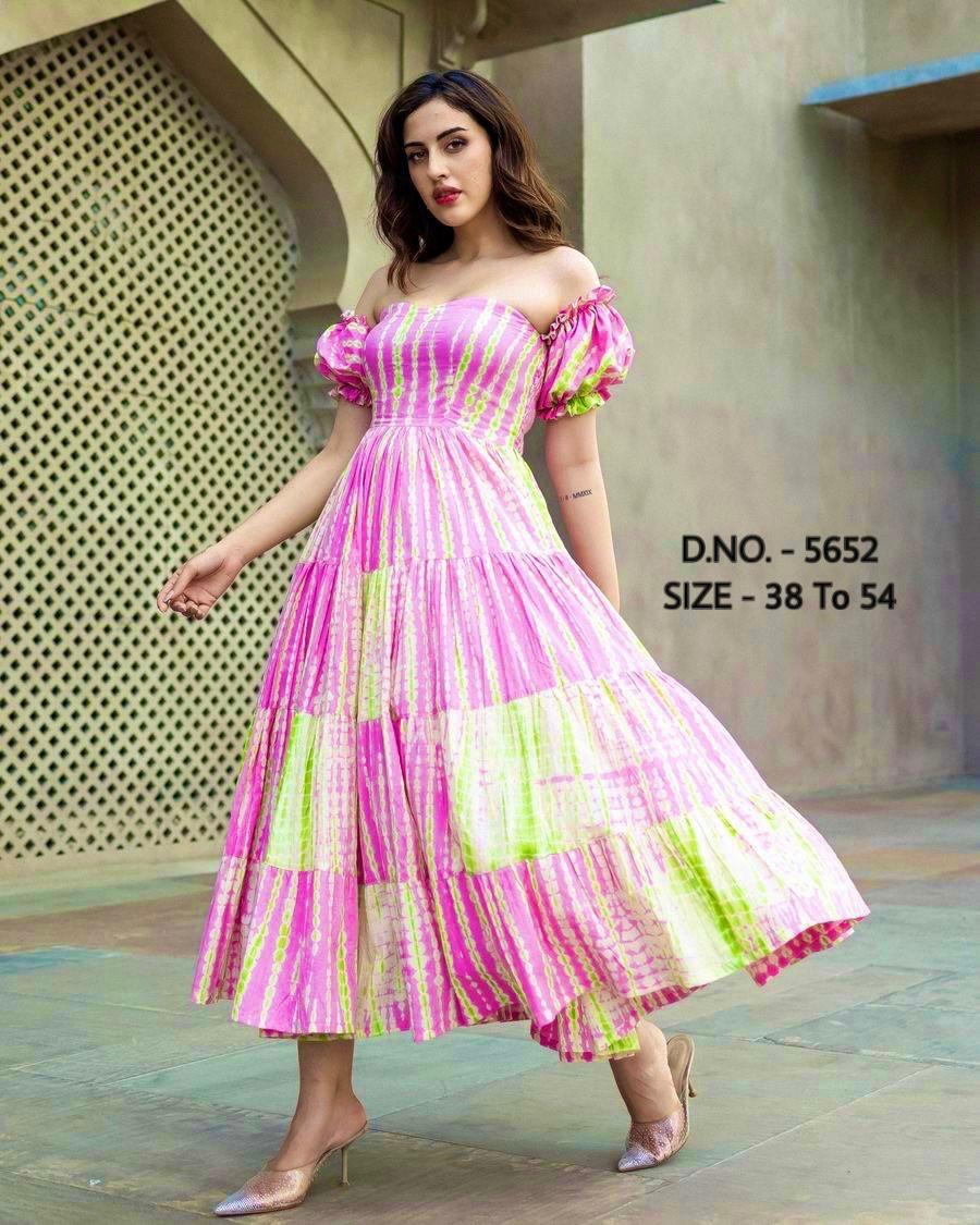 Heavy Mulmul Tie & Dye Long Gown Kurti with Frill Sleeves