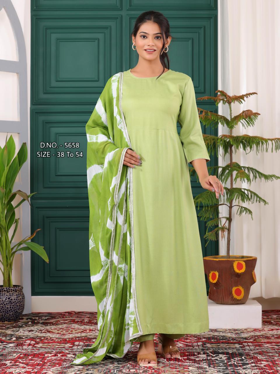 Elegant Heavy Rayon Flared Long Kurti Set with Hand Tye-Dye Chiffon Dupatta