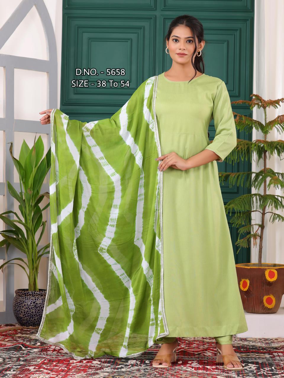 Elegant Heavy Rayon Flared Long Kurti Set with Hand Tye-Dye Chiffon Dupatta