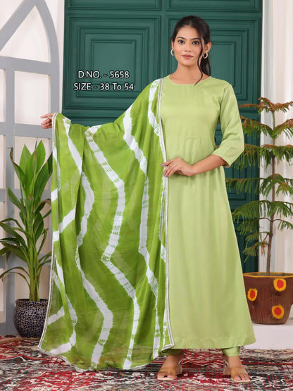 Elegant Heavy Rayon Flared Long Kurti Set with Hand Tye-Dye Chiffon Dupatta