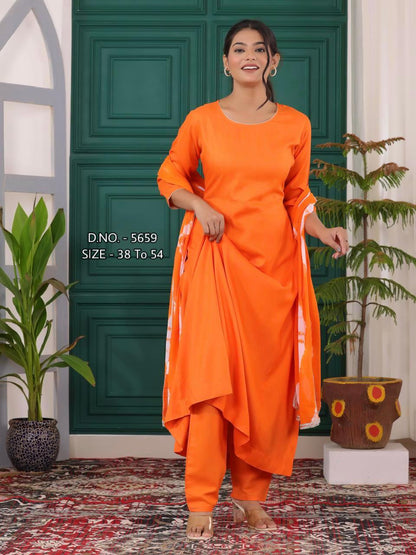 Elegant Heavy Rayon Flared Long Kurti Set with Hand Tye-Dye Chiffon Dupatta