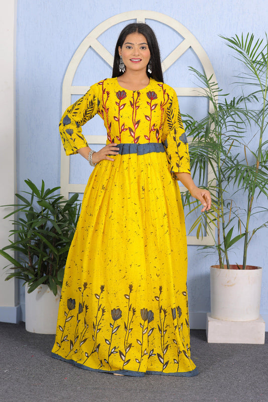 Vibrant Yellow & Blue Floral Printed A-Line Kurta