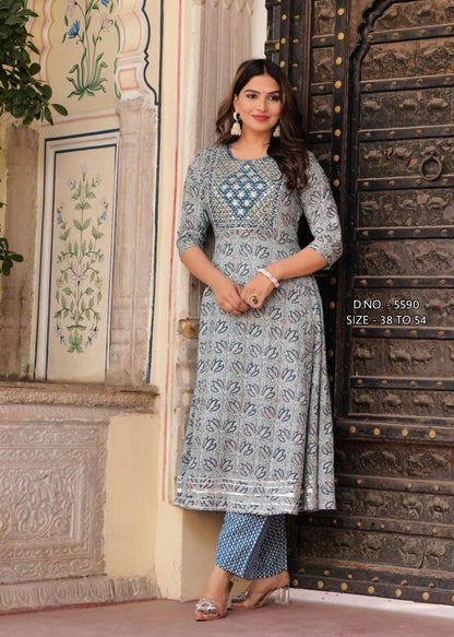 New Beautiful Pure Rayon Fabric Anarkali Suit Pattern Kurta And Pant Set.